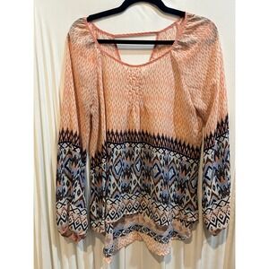 Sweet Journey Peach Geometric Print Blouse Open Back Bohemian Top Womens L